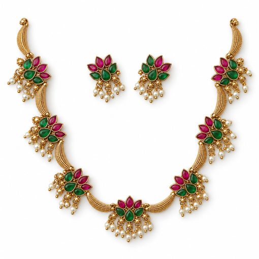 Antique Gold Ruby & Green Mango Motif Choker Set with Earrings Antique gold ruby and green mango motif choker set with matching earrings on white background