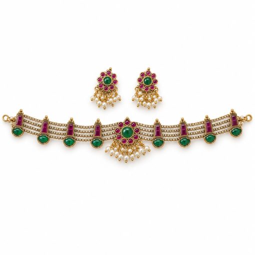 Antique Gold Ruby & Green Stone Choker Set with Earrings Antique gold ruby and green stone choker set with matching earrings on white background