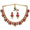Antique Gold Ruby & Green Lotus Choker Set with Earrings Antique gold ruby and green lotus choker set with matching earrings on white background