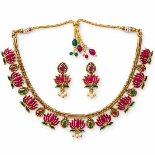 Antique Gold Ruby & Green Lotus Choker Set with Earrings Antique gold ruby and green lotus choker set with matching earrings on white background