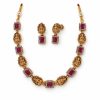 Antique Gold Ruby Lakshmi Temple Choker Set with Earrings Antique gold ruby Lakshmi temple choker set with matching earrings on white background