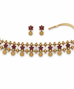 Antique gold maroon floral coin choker set with matching earrings on white background