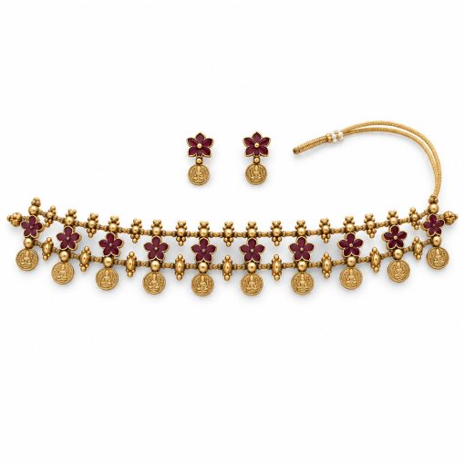 Antique Gold Maroon Floral Coin Choker Set with Earrings Antique gold maroon floral coin choker set with matching earrings on white background