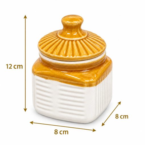 Small square ceramic storage jar showing 12 x 8 x 8 cm measurements