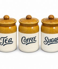 Three-piece ceramic jar set labelled tea coffee and sugar