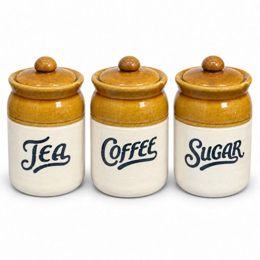 Tea, Coffee & Sugar Ceramic Jar Set – 3 Piece Three-piece ceramic jar set labelled tea coffee and sugar