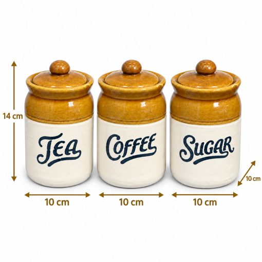 Tea coffee and sugar ceramic jar set showing 14 x 10 x 10 cm measurements