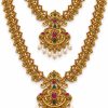Antique Gold Floral Peacock Two-Layer Necklace Set with Pearl Pendants & Jhumka Earrings – 25 cm Close-up of floral peacock necklace pendant with pearl drops
