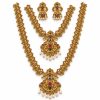 Antique Gold Floral Peacock Two-Layer Necklace Set with Pearl Pendants & Jhumka Earrings – 25 cm Antique gold floral peacock two-layer necklace set with pearl pendants and jhumka earrings
