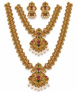 Antique gold floral peacock two-layer necklace set with pearl pendants and jhumka earrings