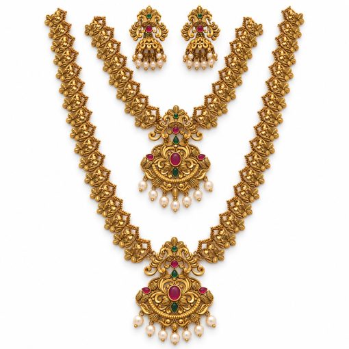 Antique Gold Floral Peacock Two-Layer Necklace Set with Pearl Pendants & Jhumka Earrings – 25 cm Antique gold floral peacock two-layer necklace set with pearl pendants and jhumka earrings