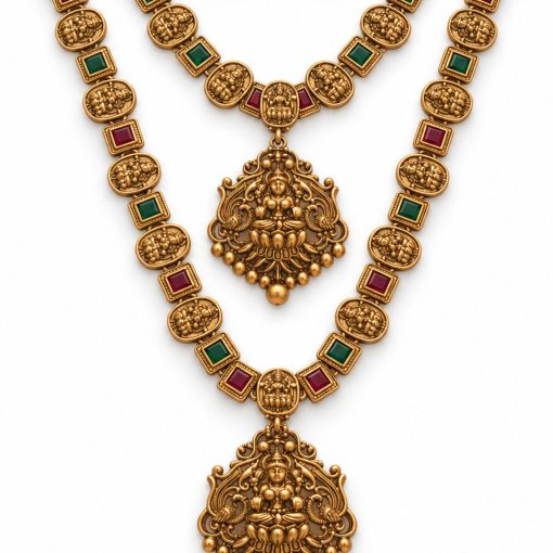 Close-up of Lakshmi coin temple necklace goddess pendant and jhumka earrings