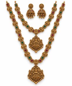 Antique gold Lakshmi coin two-layer temple necklace set with pendants and jhumka earrings