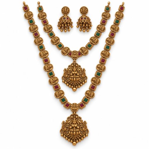Antique Gold Lakshmi Coin Two-Layer Temple Necklace Set with Jhumka Earrings – 25 cm Antique gold Lakshmi coin two-layer temple necklace set with pendants and jhumka earrings
