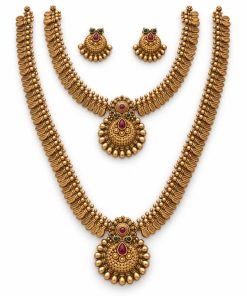 Antique gold leaf chain two-layer necklace set with teardrop pendants and earrings
