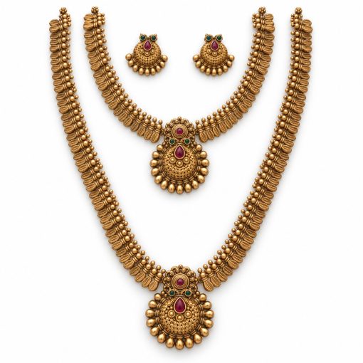 Antique Gold Leaf Chain Two-Layer Necklace Set with Teardrop Pendants & Earrings – 25 cm Antique gold leaf chain two-layer necklace set with teardrop pendants and earrings