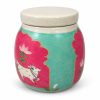 Decorative Ceramic Storage Jar with Crystal Knob Lid – Assorted Turquoise and pink assorted ceramic jar with white cow and lotus artwork and cream lid