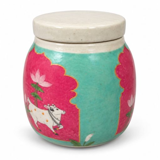 Turquoise and pink assorted ceramic jar with white cow and lotus artwork and cream lid