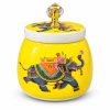 Decorative Ceramic Storage Jar with Crystal Knob Lid – Assorted Yellow decorative ceramic jar with elephant artwork and crystal-style knob lid on white background