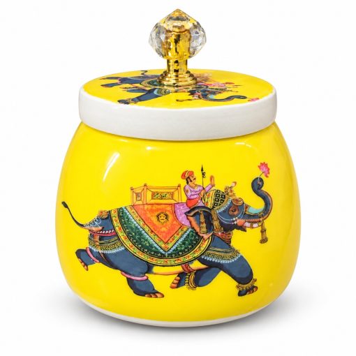 Decorative Ceramic Storage Jar with Crystal Knob Lid – Assorted Yellow decorative ceramic jar with elephant artwork and crystal-style knob lid on white background