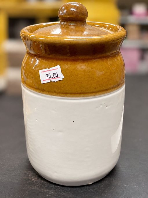 Big Cylinder Ceramic Storage Jar with Lid Cropped photo of a white and amber brown ceramic storage jar with lid