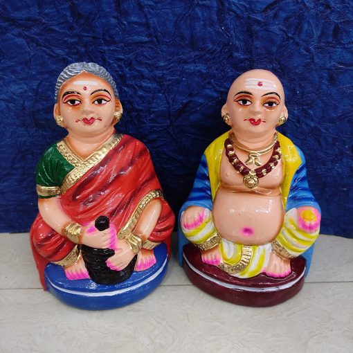 Hand-painted Chettiar Thatha Patti clay Golu dolls pair for Navaratri