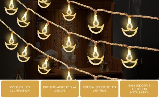Warm white LED diya string lights displayed around a home mandir for Diwali