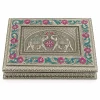 Multicolour Elephant Embossed Metal Jewellery Gift Box – 22 × 17 × 7 cm Rectangular oxidised gift box with two elephants, pink flowers and teal leaves on white background