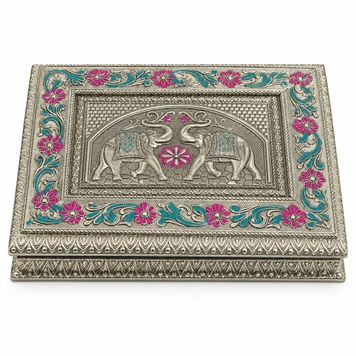 Multicolour Elephant Embossed Metal Jewellery Gift Box – 22 × 17 × 7 cm Rectangular oxidised gift box with two elephants, pink flowers and teal leaves on white background