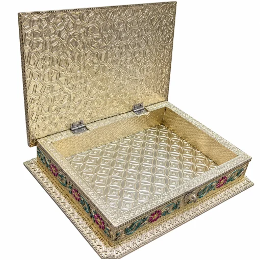 Open elephant-design gift box showing embossed metallic interior on white background