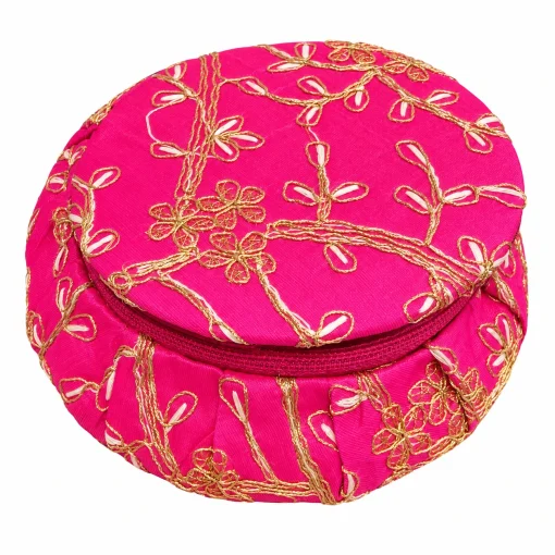 Embroidered Round Bangle Box – Assorted Colours Pink embroidered round bangle box with gold floral detailing on a white background; sample assorted colour
