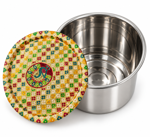 Open 15L stainless steel container showing inner bowl and decorative peacock lid