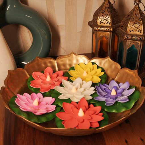 Floating Lotus LED Water Sensor Diya – Single Piece Assorted Multicolour floating lotus LED water sensor diya assorted colours for Diwali urli decor
