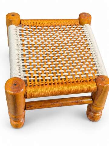 Orange and beige woven wooden Khatli stool professional front view