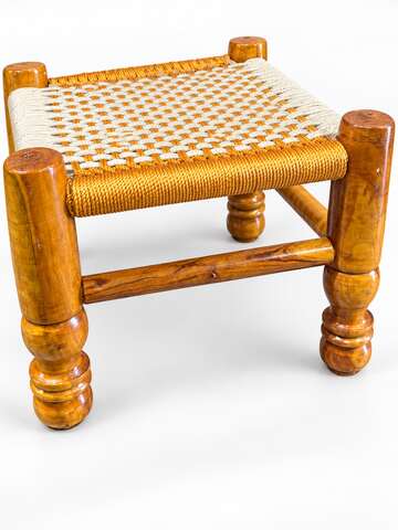 Orange and beige woven wooden Khatli stool professional side view