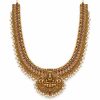 Antique Gold Lakshmi Pearl Fringe Two-Layer Necklace Set with Jhumka Earrings – 27 cm & 13 cm Antique gold Lakshmi pearl fringe long necklace measuring 27 cm