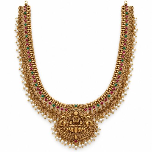 Antique gold Lakshmi pearl fringe long necklace measuring 27 cm