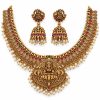 Antique Gold Lakshmi Pearl Fringe Two-Layer Necklace Set with Jhumka Earrings – 27 cm & 13 cm Antique gold Lakshmi pearl fringe short necklace measuring 13 cm with matching jhumka earrings