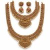 Antique Gold Lakshmi Pearl Fringe Two-Layer Necklace Set with Jhumka Earrings – 27 cm & 13 cm Antique gold Lakshmi pearl fringe two-layer necklace set with 27 cm and 13 cm chains and jhumka earrings