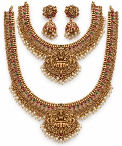 Antique gold Lakshmi pearl fringe two-layer necklace set with 27 cm and 13 cm chains and jhumka earrings