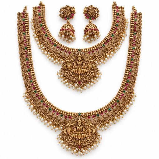 Antique Gold Lakshmi Pearl Fringe Two-Layer Necklace Set with Jhumka Earrings – 27 cm & 13 cm Antique gold Lakshmi pearl fringe two-layer necklace set with 27 cm and 13 cm chains and jhumka earrings
