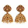 Antique Gold Lakshmi Temple Necklace Set with Jhumka Earrings Antique gold Lakshmi jhumka earrings with pink and green stone accents