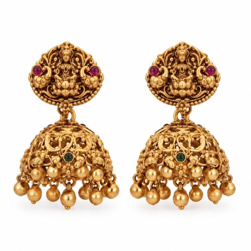 Antique gold Lakshmi jhumka earrings with pink and green stone accents
