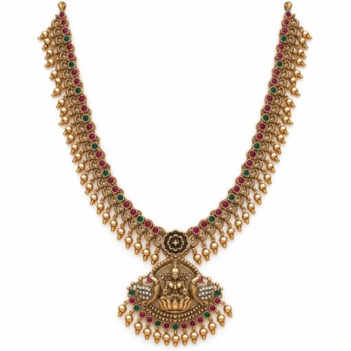 Antique gold Lakshmi temple necklace long chain measuring 30 cm with peacock pendant