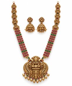 Antique gold Lakshmi temple necklace set with pink and green stones and matching jhumka earrings