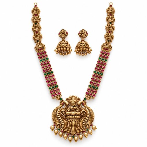 Antique Gold Lakshmi Temple Necklace Set with Jhumka Earrings Antique gold Lakshmi temple necklace set with pink and green stones and matching jhumka earrings