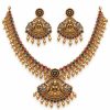 Antique Gold Lakshmi Two-Layer Temple Necklace Set with Earrings – 30 cm & 14 cm Antique gold Lakshmi temple necklace short chain measuring 14 cm with matching earrings