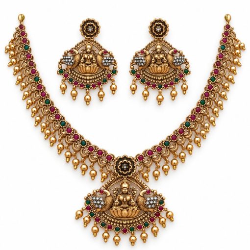 Antique gold Lakshmi temple necklace short chain measuring 14 cm with matching earrings