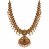 Antique Gold Mango Motif Two-Layer Temple Necklace Set with Jhumka Earrings – 27 cm & 13 cm Antique gold mango motif long temple necklace measuring 27 cm with twin-peacock pendant