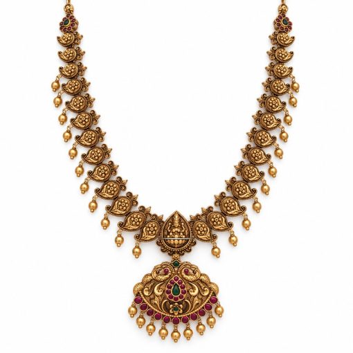 Antique gold mango motif long temple necklace measuring 27 cm with twin-peacock pendant
